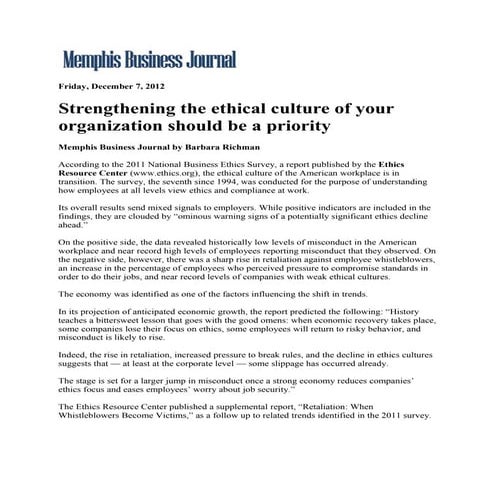 Memphis business journal. strengthening the ethical culture of your organizat...