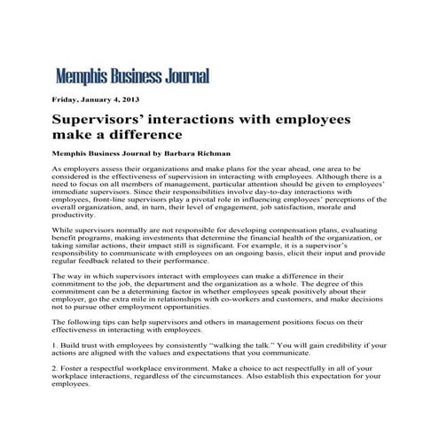 Memphis business journal.supervisors' interactions with employees make a difference.1.4.13
