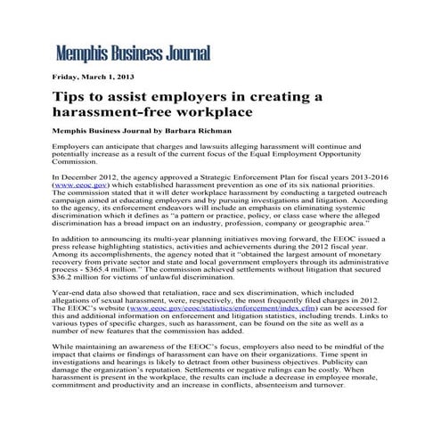 Memphis business journal.tips to assist employers in creating a harassment free workplace.3.1.13.links