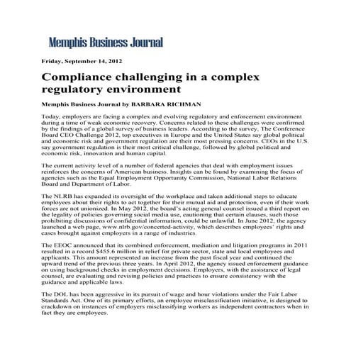Memphis Business Journal.Compliance Challenging In A Complex Regulatory Environment.9.14.12