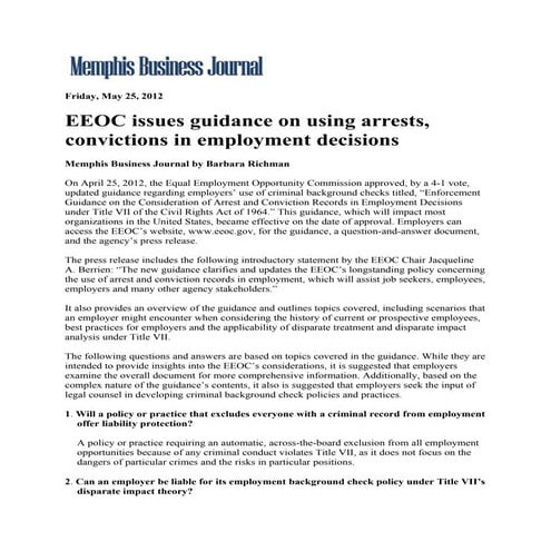 Memphis Business Journal.Eeoc Issues Guidance On Using Arrests ...