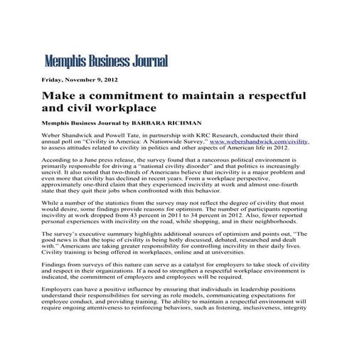 Memphis Business Journal.Make A Commitment To Maintain A Respectful And Civil Workplace.11.9.12