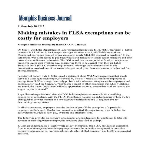 Memphis Business Journal.Making Mistakes In Flsa Exemptions Can Be Costly For Employers.7.20.12