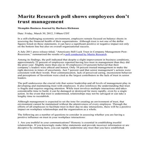 Memphis Business Journal.Maritz Research Poll Shows Employees Dont Trust Mana...
