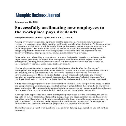 Memphis Business Journal.Successfully Acclimating New Employees To The Workplace Pays Dividends.6.22.12