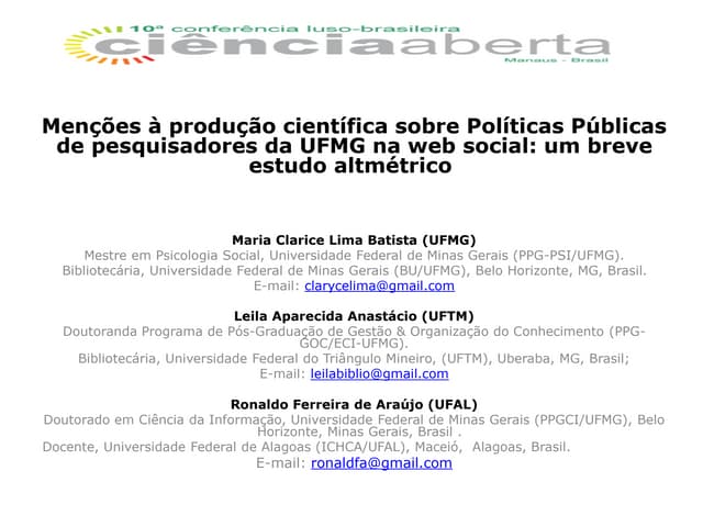 Menções à produção científica sobre políticas públicas de pesquisadores da UFMG na web social: um breve estudo altmétrico.
