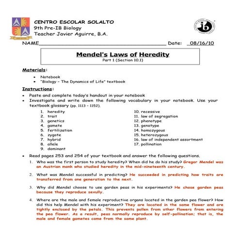 Mendel's laws of heredity   part 1 (pp.253-254) - answer key
