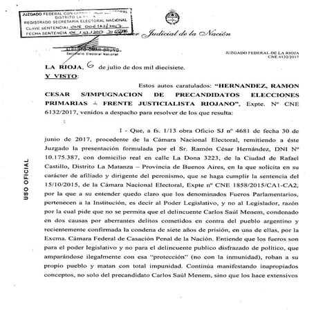 Fallo Judicial por la impugnación a la candidatura de Menem
