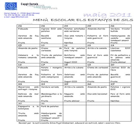 Menú escolar maig 2011