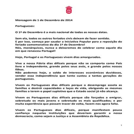 Mensagem de SAR o Senhor Dom Duarte no 1º de Dezembro de 1640