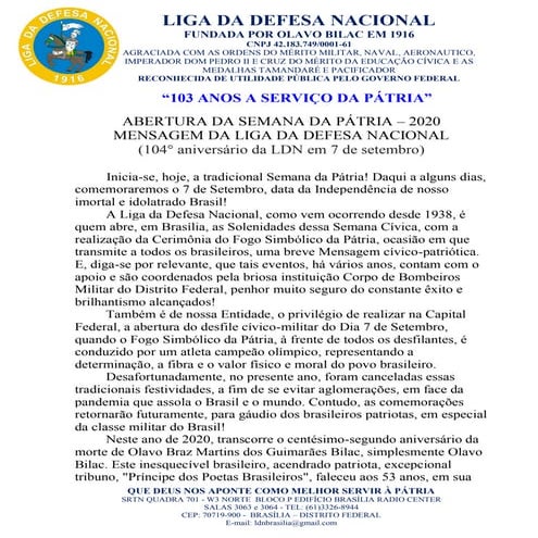 ABERTURA DA SEMANA DA PÁTRIA 2020 - MENSAGEM DA LIGA DA DEFESA NACIONAL