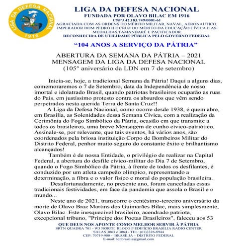ABERTURA DA SEMANA DA PÁTRIA 2021 - MENSAGEM DA LIGA DA DEFESA NACIONAL