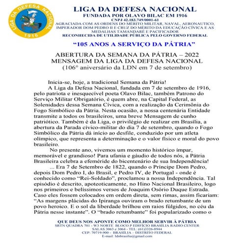 Mensagem da LDN semana da Pátria Bicentenário da Independência