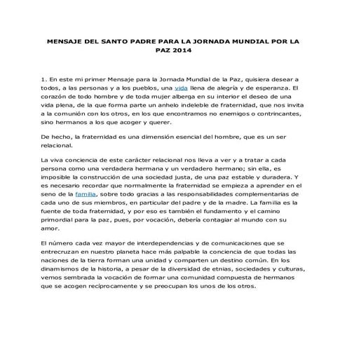 Mensaje papa jornada mundial por la paz 2014 