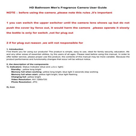 HD 1280x720 bathroom spy camera Men's fragrance camera user guide