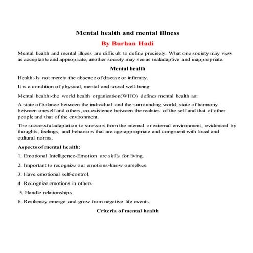 Concept of mental health and mental illness | PDF