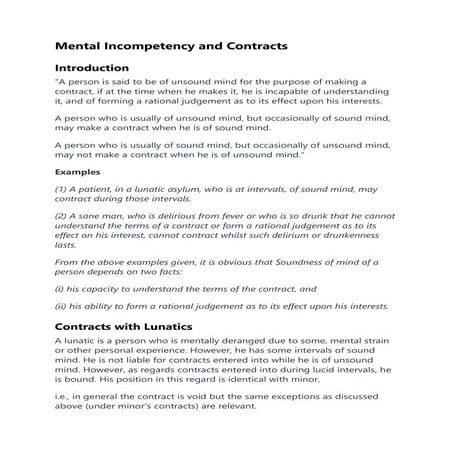 Mental Incompetency and Contracts in law | PDF