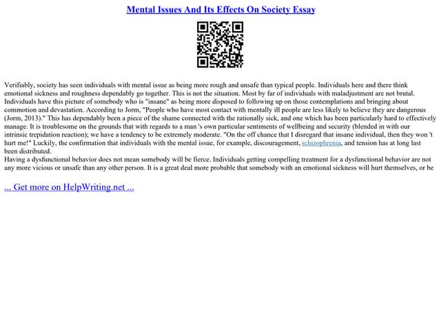 Mental Issues And Its Effects On Society Essay