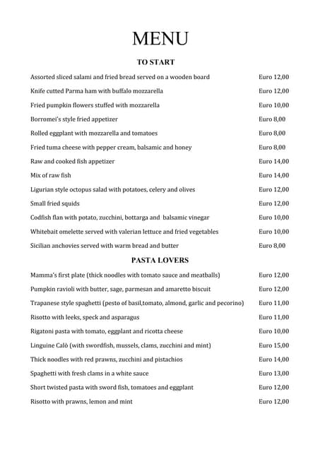 Menu Estate In Inglese Docx