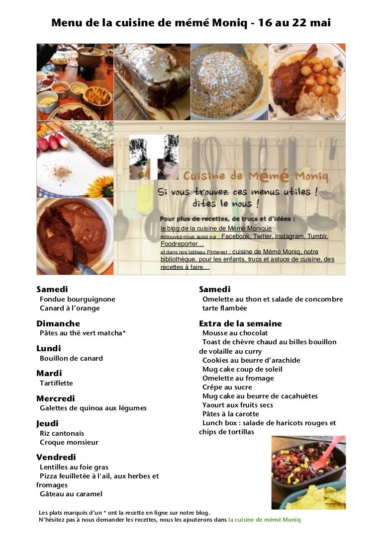 Menu De La Cuisine De Meme Moniq 16 Au 22 Mai