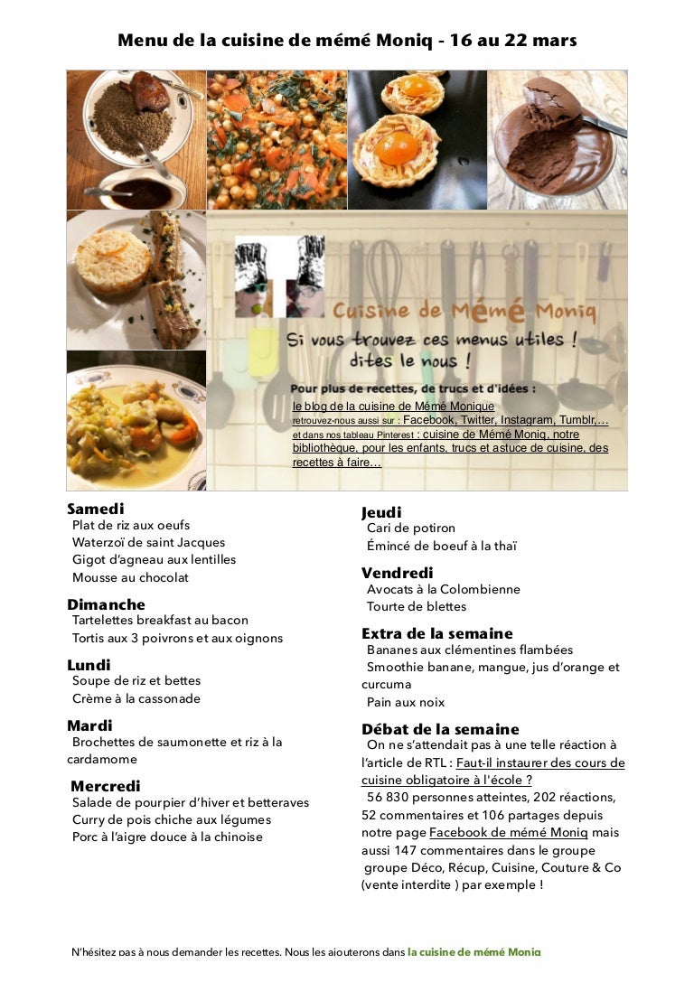 Menu de la cuisine de meme moniq 18 au 18 mars Menu de la cuisine de meme moniq 18 au 18 mars