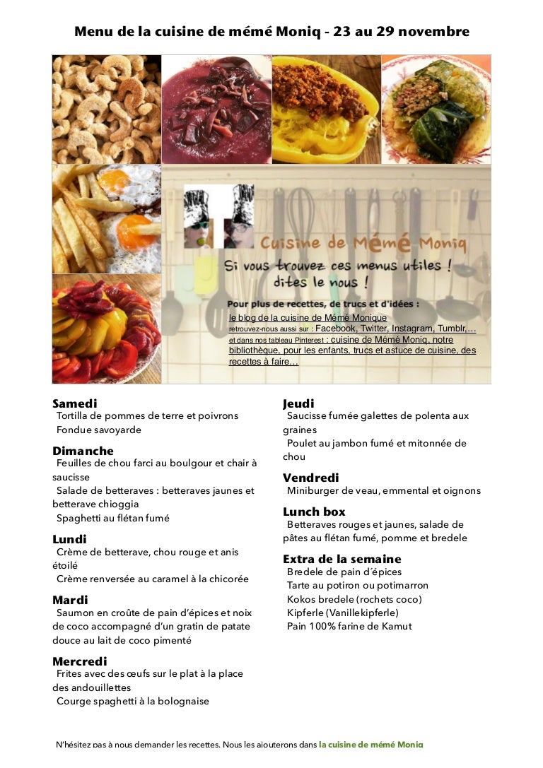 Menu De La Cuisine De Meme Moniq 23 Au 29 Novembre