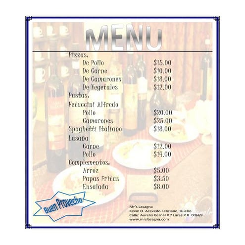 Menu del reustarante