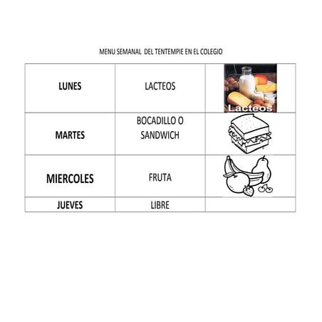Menu semanal  del tentempie en el colegio