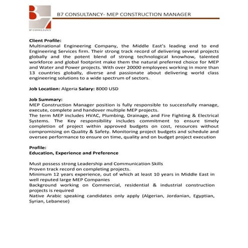 MEP Construction Manager - JD