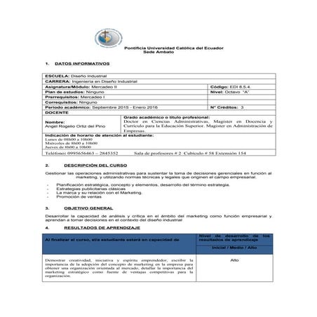 Mercadeo II octavo A Diseño Industrial