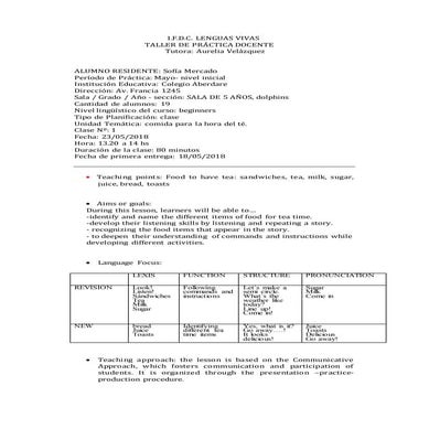 Mercado Sofía Lesson Plans KINDERGARTEN 