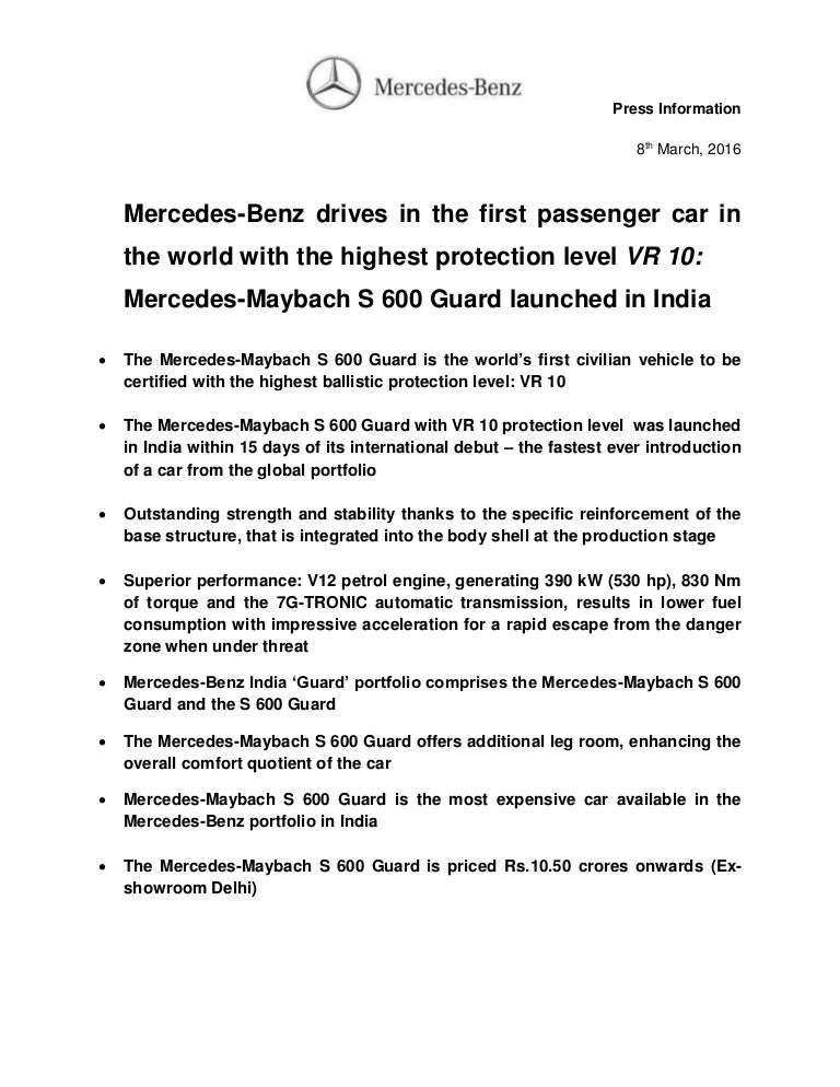 Mercedes Maybach Guard S600 India Launch Press Release