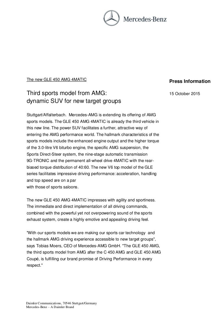 Mercedes Benz Gle 450 Amg Unveiled Press Release