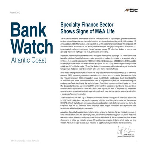 Mercer Capital's Atlantic Coast Bank Watch | August 2013