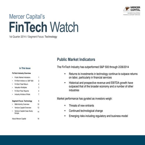 Mercer Capital's Value Focus: FinTech Industry | Q1 2014 | Segment Focus: Tec...