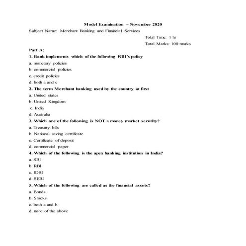 Merchant Banking and Financial Services November 2020 MCQ type