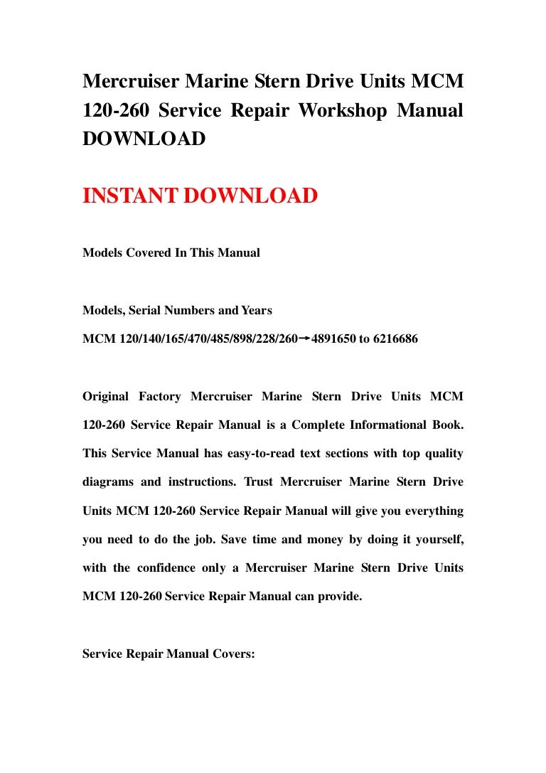 Mercruiser marine stern drive units mcm 120 260 service repair workshop  manual download