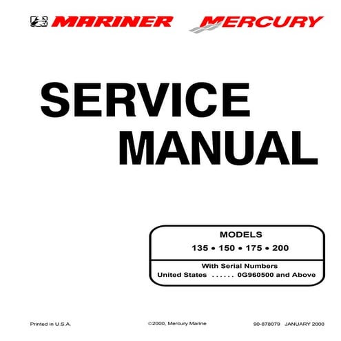 Mercury Mariner Outboard 150HP Service Repair Manual SN：0G960500 and ...