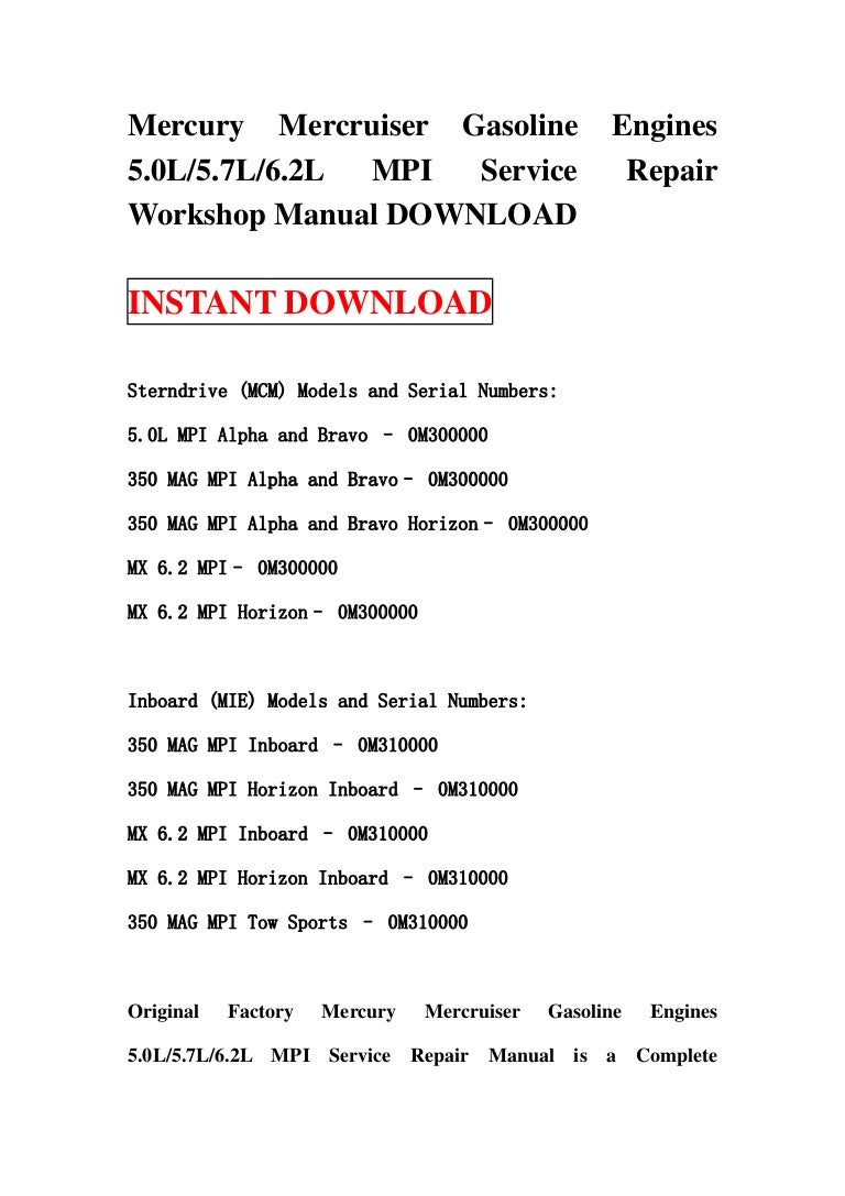 Mercury mercruiser gasoline engines 5.0 l5.7l6.2l mpi service repair  workshop manual download