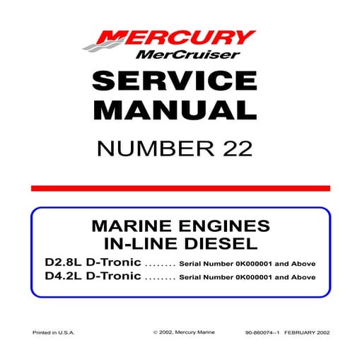 Mercury mercruiser marine engine in line diesel d2.8 l d-tronic service repai...