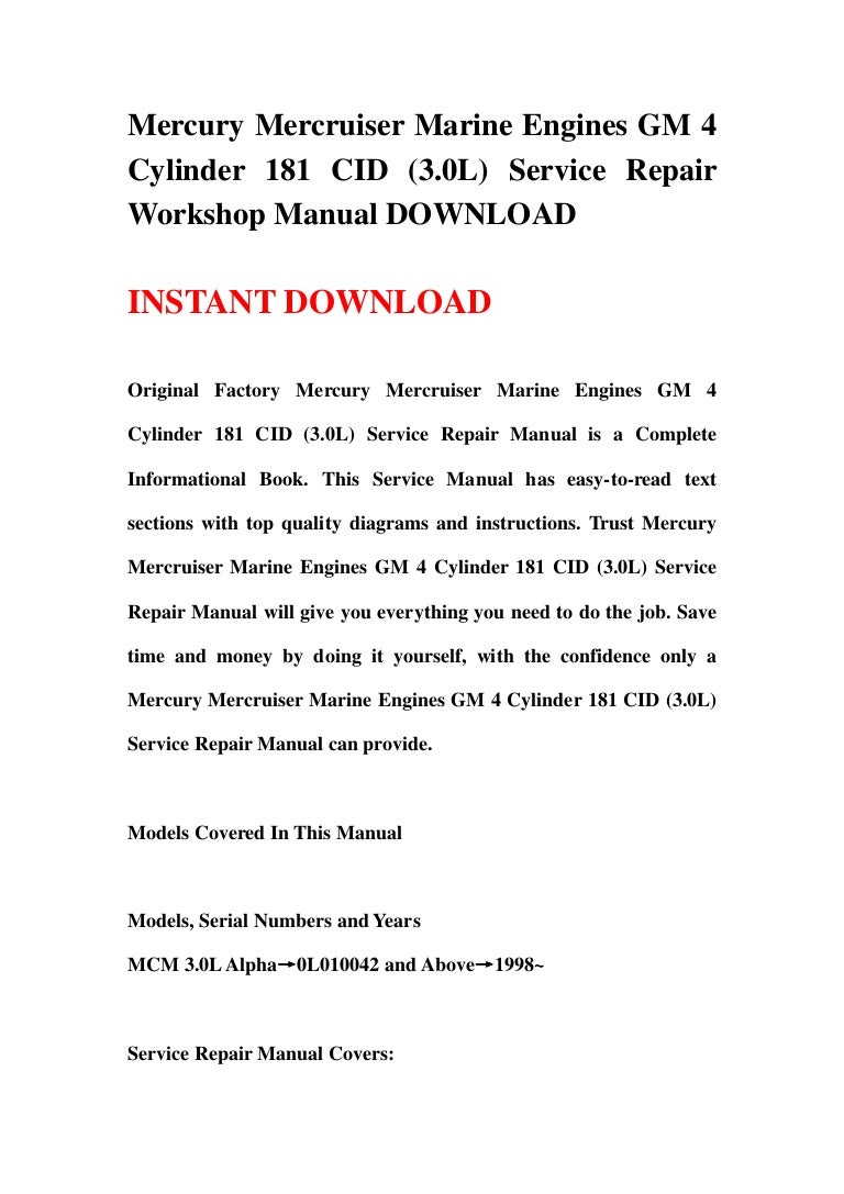 Mercury mercruiser marine engines gm 4 cylinder 181 cid (3.0 l) service  repair workshop manual download