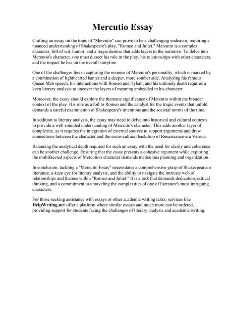 Mercutio Essay Analyse the importance of Mercutios role in Romeo and Mercutio Essay Analyse the importance of Mercutios role in Romeo and