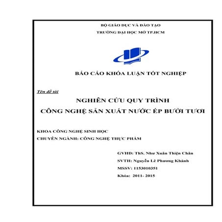 Đề tài: Nghiên Cứu Quy Trình Công Nghệ Sản Xuất Nước Ép Bưởi Tươi