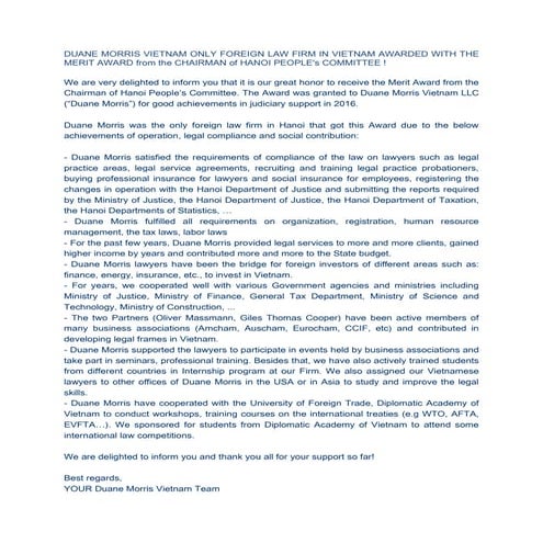 DUANE MORRIS VIETNAM ONLY FOREIGN LAW FIRM IN VIETNAM AWARDED WITH THE MERIT ...