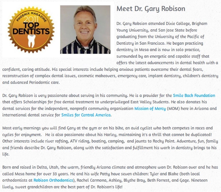 Mesa AZ Family and Cosmetic Dentist Bio Dr. Gary Robison