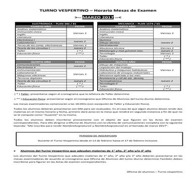 Mesas de Examen Asignaturas Previas Marzo 2017 TURNO VESPERTINO