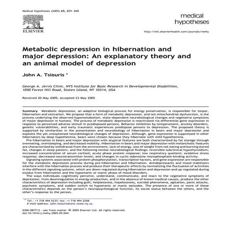 Metabolic depression in hibernation and major depression: an explanatory theory and an animal model of depression