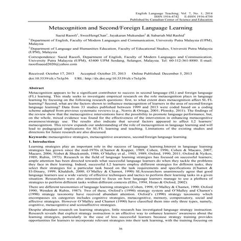 Metacognition and second or foreign language learning | PDF