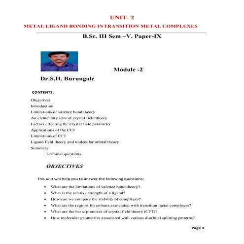 Metal Ligand Bonding in Transition metal complexes