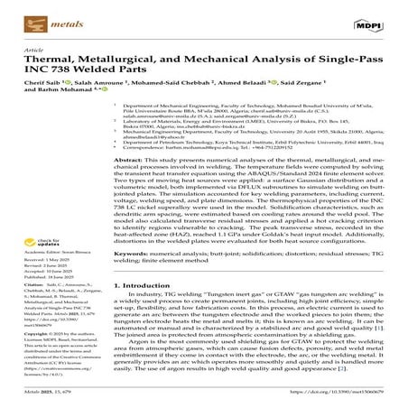 Thermal, Metallurgical, and Mechanical Analysis of Single-Pass INC 738 Welded Parts